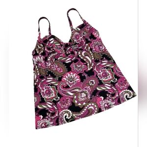 Lands' End Pink & Black Paisley Swim Ruched Tankini Top Bodice Size 14W